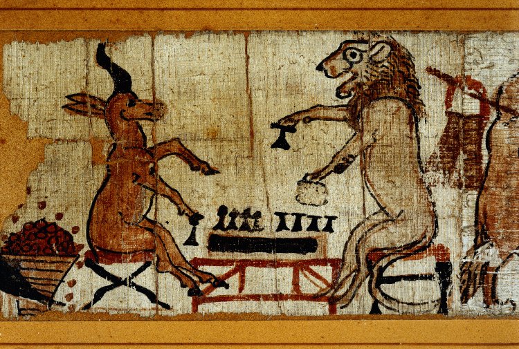 Den egyptiske papyrusen (1305 – 1170 F.Kr.) viser en løve og en esel-lignende enhjørning som spiller brettspill (trolig det egyptiske «senet»). På grunn av den stilistiske måten egypterne illustrerte både dyr og mennesker i profil, er det vanskelig å si om den har mer enn det ene hornet vi ser, men legg likevel merke til at den har to ører. Om det kan fortolkes som en enhjørning, vil det være den eldste avbildningen vi kjenner til. Du finner den på British Museum i London. | Foto: Wikimedia Commons